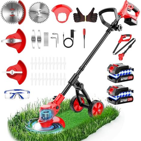 Cordless Electric Brushcutters with Wheel, 21 V Cordless Edge Cutter with 2 x 2.0Ah Battery and Charger & 4 Types of Blades, Battery Scrubbers for Garden and Lawns (1/5)