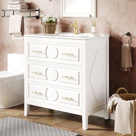 Meuble vasque 81x46,5x86,5 cm MDF blanc avec lavabo, 3 tiroirs gain de place – MEUBLIV (1/5)