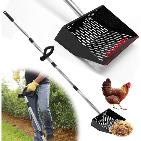 Pelle à excréments de poulailler avec long manche réglable, râteau de nettoyage ergonomique pour poulailler, tamis à litière robuste pour enclos et jardin
