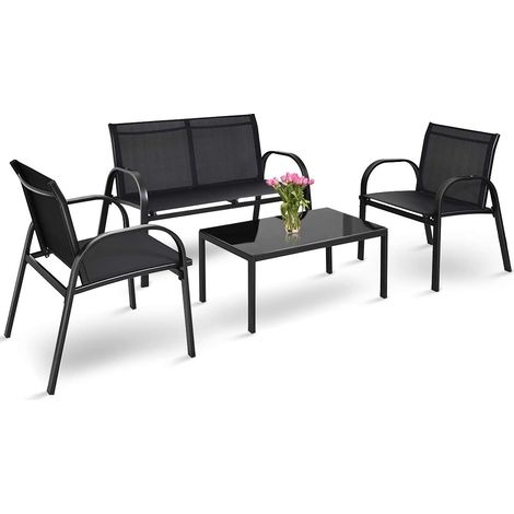 COSTWAY Juego de 4 Piezas de Muebles de Patio con 2 Sillones,1 Banco de 2 Plazas y 1 Mesa de Centro de Hierro y Tela de Malla para Terraza Jardín Exterior (Negro) (1/5)