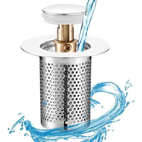 Crépine d'évier - Bouchon de vidange de salle de bain - Siphon à cheveux en acier inoxydable, bouchon d'évier avec panier, bouchon de vidange de salle de bain à escamotable (1/5)