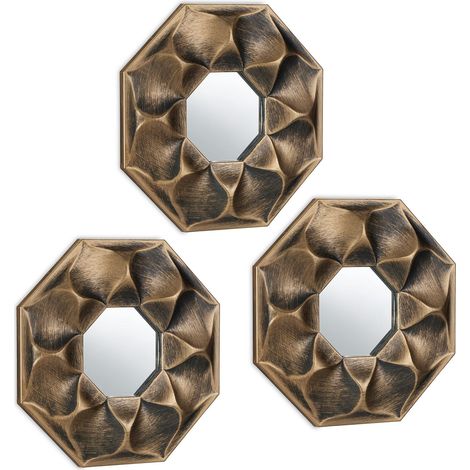 Lot de 3 miroirs, octogone avec Ornements, diamètre de 25 cm, décoration, Cadre en Plastique, doré (1/5)