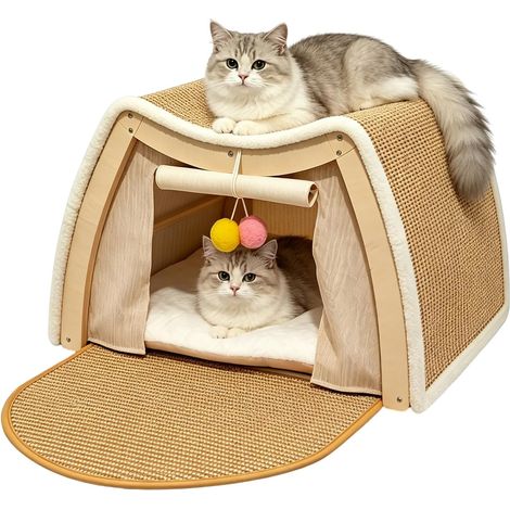 Maison pour chat - Tente pour chat - Grotte pour chat avec planche à gratter - 3 en 1 - Pour l'intérieur - En bois - 2 étages - Jouet pour chat - 50 x 40 x 32 cm (1/5)