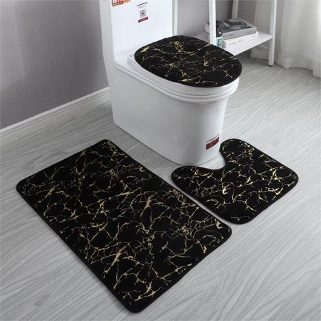 Badematte aus ultra-weichem Kunst-Kaninchenfell mit heißgeprägter goldener Verzierung – 3-teiliges Set für Badezimmer (50 x 80 cm, 40 x 50 cm U-Form, 38 x 46 cm WC-Deckelabdeckung) – Moderner Schwarz-
