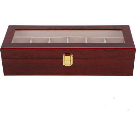 Coffret de rangement pour montres en bois 6 compartiments avec fenêtre transparente (Rouge) (1/5)