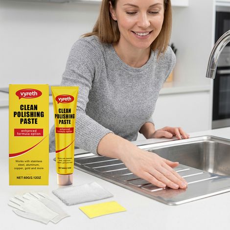 Metallpolierpaste für Küchenherd und -utensilien – Reinigung, Fleckenentfernung, Polieren und Aufhellen – 60 g + 1 Schwamm + 1 Handtuch + 1 Paar Einweghandschuhe -- DE (1/5)
