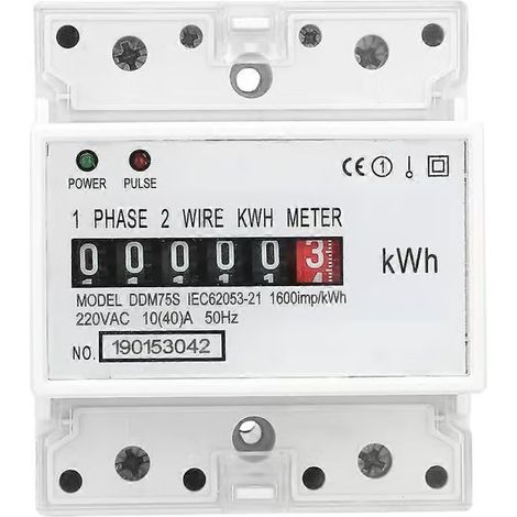 Compteur d'électricité, compteur kWh, monophasé 4 pôles, montage sur rail DIN, affichage LED, mesure de la consommation d'énergie (wattmètre), 10-40 A (1/5)