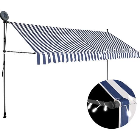 Auvent manuel rétractable avec LED-Store banne 350 cm Bleu et blanc (1/5)