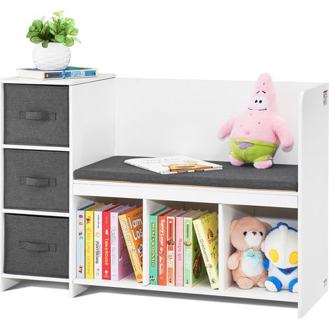 Banc de Lecture pour Enfants, Meuble de Rangement avec Coussin de Siège Amovible, Bibliothèque pour Chambre d’Enfants à 6 Compartiments, 3 Tiroirs, pour Salle de Jeux, Salon Entrée, Blanc (1/5)