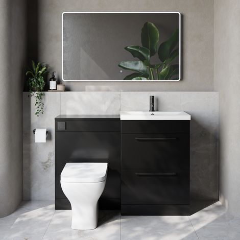 Napoli 390 Cento Matt Black 1200mm 2 Drawer Vanity Unit Toilet Suite with Glide Basin - 1200mm - Matt Black 320mm HandleWith Kingston Toilet Pan and Seat