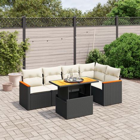 Ensemble salon jardin 6 places résine tressée noir avec table réglable et coussins déhoussables - 5 sièges modulables + 1 table acacia (1/3)