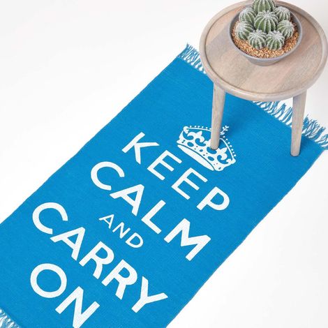 HOMESCAPES Baumwollteppich Keep Calm and Carry On – blau-weiß, 60x100 cm