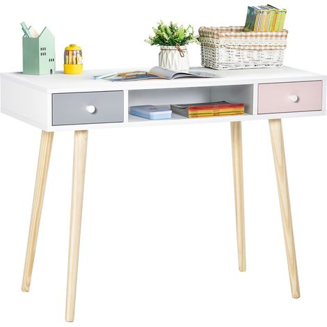Skandinavischer Kinderschreibtisch, weiß, grau, rosa, MDF, Kiefer, 100 x 48 x 76,5 cm, mit Schubladenaufbewahrung