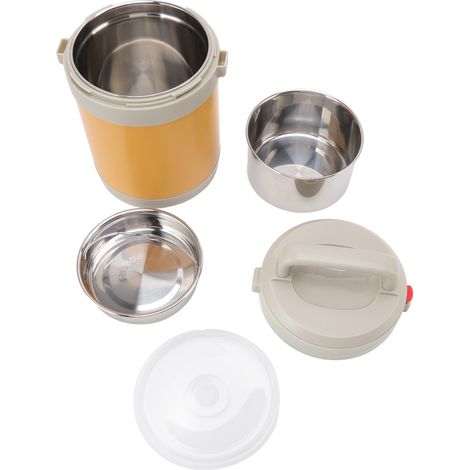 Boîte isotherme alimentaire de 1,6 L en acier inoxydable 304, trois compartiments, format bento portable, jaune, idéale pour les étudiants et le travail. (1/5)