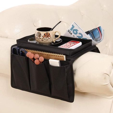 Organisateur d'accoudoir de canapé avec porte-gobelet - fauteuil / table de chevet (rangement pour télécommande / téléphone / livres) - Noir (1/5)