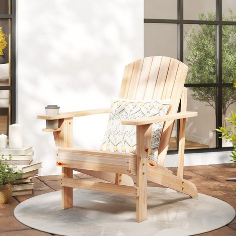 Chaise de jardin Adirondack avec porte-gobelet, chaise longue de jardin, chaise de balcon, bois massif, finition naturelle, 72 x 95 x 93 cm (1/5)