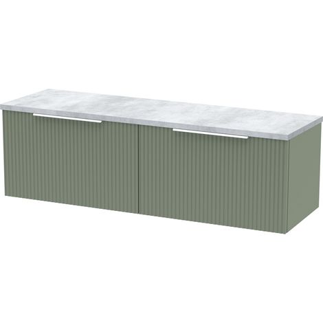 Tixall Fluted 2 Drawer Wall Hung Vanity Unit with Laminate Worktop, Satin Green, 1200mm