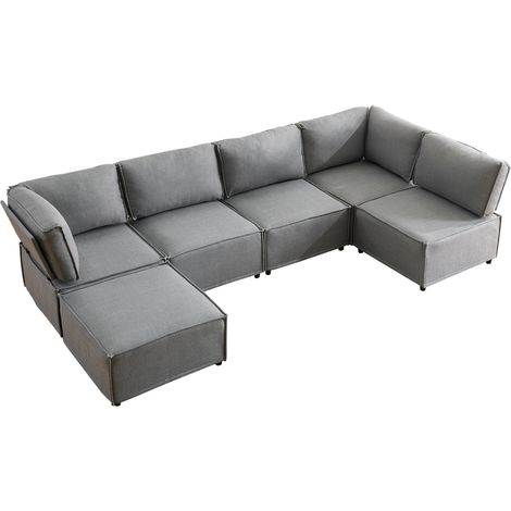 Modulares Ecksofa aus Leinen in Hellgrau, zum Bett umwandelbar, 6 Module (1/5)