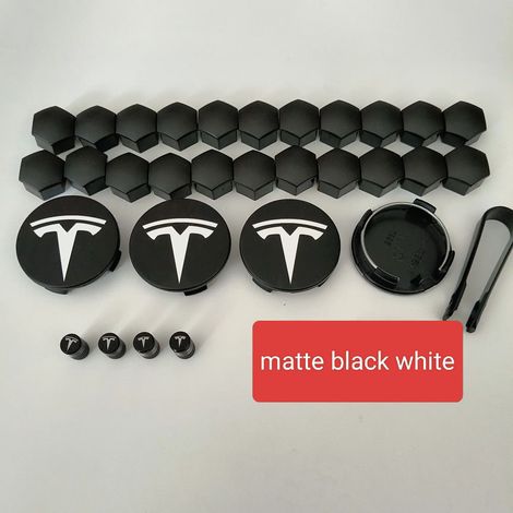 (29 Noir mat/Blanc, Chine continentale) - 25 ou 29 pièces, 56/57 mm, compatibles avec les jantes Tesla Model 3 et Y. Enjoliveurs centraux d'origine, logo et emblème inclus. Accessoires pour jantes et  (1/5)