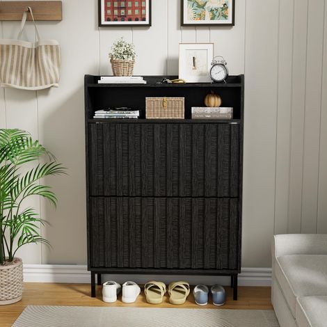UEV Armoire à Chaussures, Meuble à Chaussures Inclinable, 3 Compartiments (2 Rangements Chaussure+1 Étagère Ouvert), Motif de Ligne, Étagères Réglable et Amovibles, 80 x 24 x 117 cm, Noir