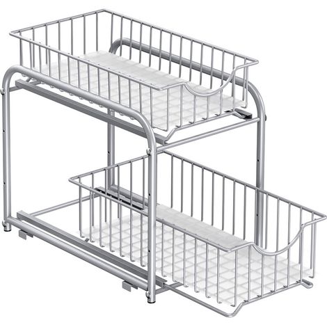Organiseur de Cuisine, étagère sous évier, 2 Paniers Coulissants, Empilable, pour Rangement dans Placard, sous Lavabo, avec Tiroirs, pour Cuisine, Salle de bain, Argent (1/5)