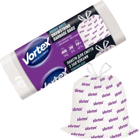 Bolsas de basura Vortex resistentes, blancas, de gran capacidad con cordón, 40 litros, 20 unidades.