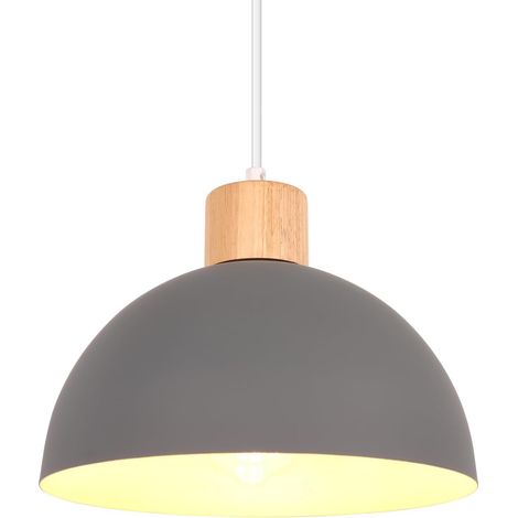 Retro Pendant Light Modern Semi-Circle Style E27 Wooden Metal Pendant Lamp for Living Room, Bedroom, Dining Room, Kitchen, Diameter 25 cm (Grey) (1/5)