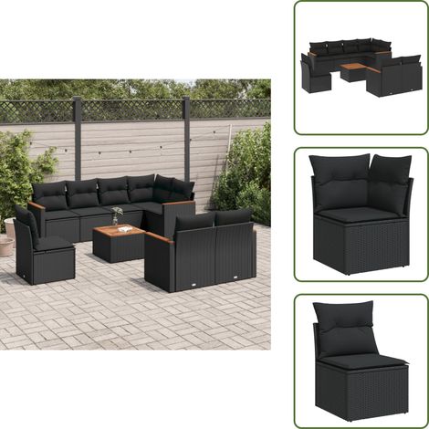 The Living Store 9-tlg. Garten-Sofagarnitur mit Kissen Schwarz Poly Rattan - Gartenmöbel - Outdoor-Set - Rattan Gartenset - PE-Rattan - Esstisch Set (1/5)