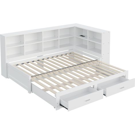 Letto multifunzione bianco in legno 90/180 x 190 cm con cassetti, vani e prese (1/5)