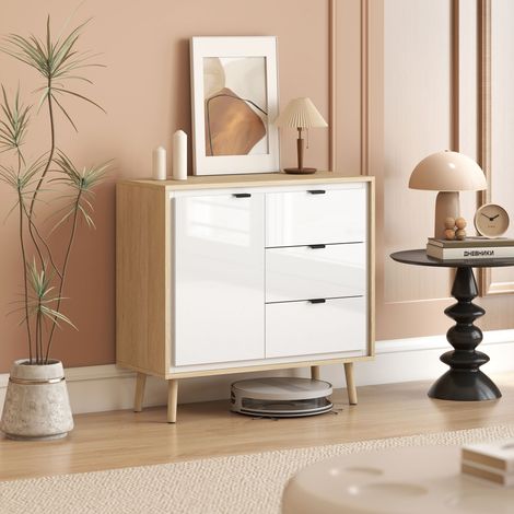 Sideboard, Wohnzimmerschrank, Küchenschrank mit 2 Türen, 3 Schubladen und verstellbarem Einlegeboden, 80 x 35 x 77 cm, weiß