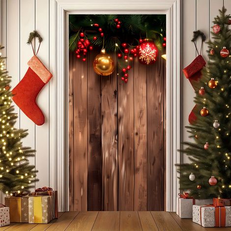 Rideau de porte de Noël 2026, bannière extérieure avec fond photo Père Noël et chien, décoration en tissu à suspendre - 90 x 180 cm (œillets + ruban) - 31