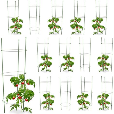 14x Rankhilfe Tomaten im Set, Höhenverstellbare Ringe, Pflanzstäbe, Balkon, Beet, Kunststoff, 76 cm lang, Grün