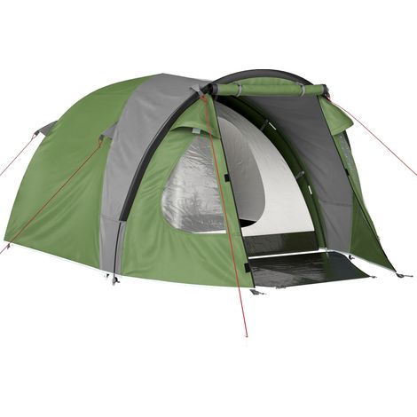Tente de Camping pour 4 Personnes. 2 Chambres. Fenêtres et Portes. Tapis de Sol. Crochet au Plafond. 323 x 248 x 150 cm. Vert