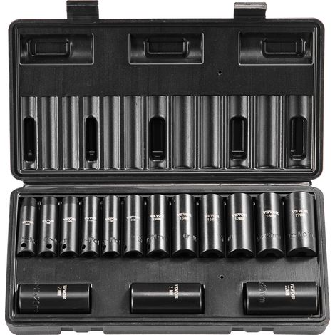 VEVOR Coffret Douilles a Chocs Profondes 3/8 po Metrique 8-22 mm, Kit pour Cle a Cliquet 15PCs, en Acier Allie Cr-Mo, 6 Pans, Marquages de Taille Faciles a Lire, pour la Reparation Automobile, Atelier