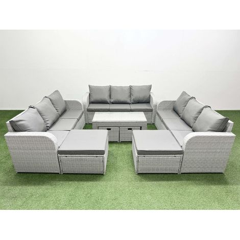 Fimous Outdoor Garden Furniture Set PE Rattan 3 Seater Sofa Set with Oblong Coffee Table 4 Footstools Light Grey (1/4)