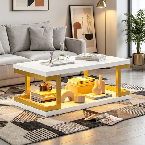 Tavolino da salotto in MDF e metallo, 100 x 50 x 37,5 cm, bianco/oro, con LED e ripiano aperto (1/5)