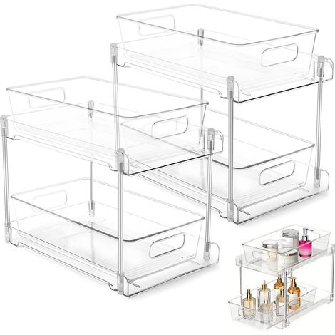 2 Pieces Under Sink Organizers, 2 Tier Drawer Storage Box, Transparent Cosmetic Storage Shelf, Multifunctional Makeup Organizer for Kitchen, Bathroom, Closet (1/5)