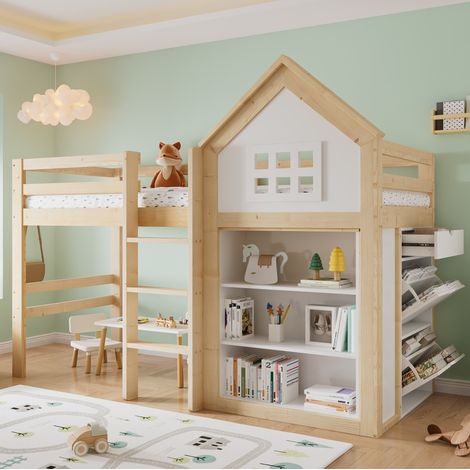 Cama alta infantil 90x200 cm blanco y natural, madera de pino y MDF con almacenaje (1/5)