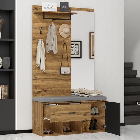 Armadio da ingresso con specchio, cassetti, ripiani, 4 ganci, nero e rovere (1/5)