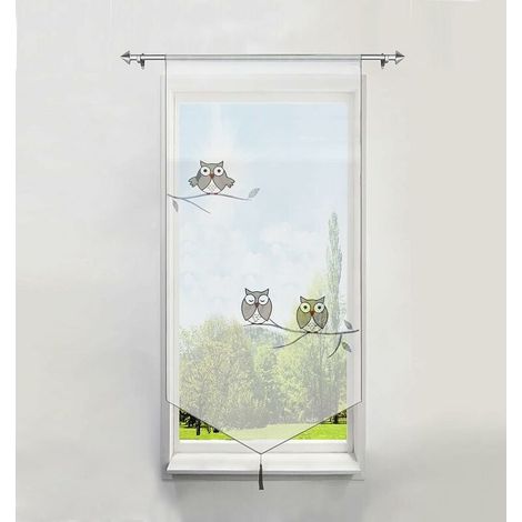 Kindercafé-Gardine 60 x 120 cm – Transparenter Polyesterstoff mit grauer Eulenstickerei und Pompons – Moderne Fensterdekoration