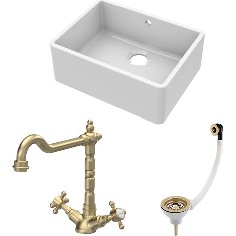 Fireclay Kitchen Bundle - 595mm Single Bowl Butler Sink + Overflow, Waste & Classic Mono Kitchen Tap in Brushed Brass - Balterley