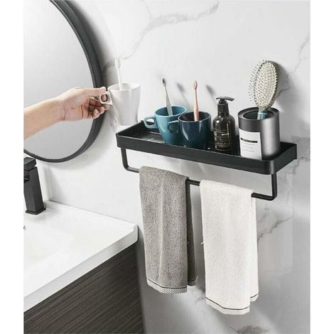Étagère carrée 30cm en alliage aluminium noir, avec rail pour serviettes (1/4)