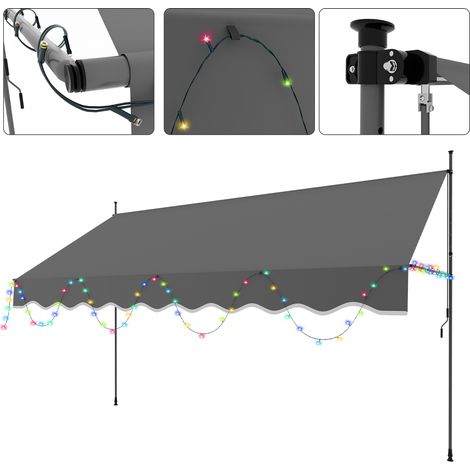 TolleTour Markise Klemmmarkise mit Handkurbel Sonnenschutz und UV-Schutz und wasserfestund höhenverstellbar Gelenkarm mit LED 200cm