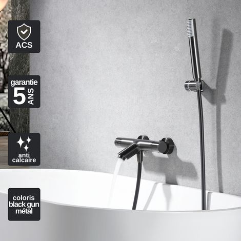 Mitigeur Bain/Douche Thermostatique noir métal Pommeau Anti-Calcaire - Design Moderne - Kit Complet MONZA IMEX (1/4)