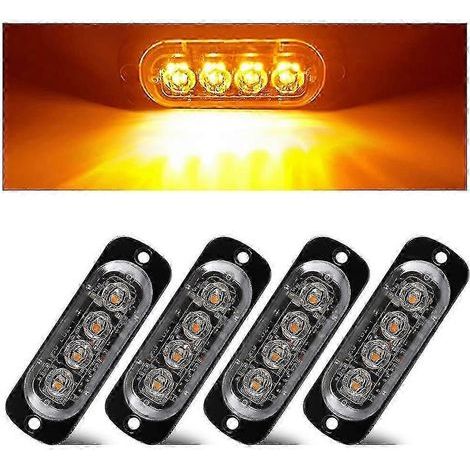 Lot de 4 feux stroboscopiques d'urgence ultra-fins à 4 LED, ambre, clignotants, universels pour voitures, camions, 12-24 V (1/5)