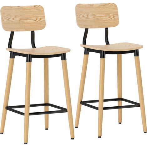 2er-Set Barhocker mit Rückenlehne, Barstühle für Hausbar, Kücheninsel, Esszimmer, Holz, Metall, Hellbraun