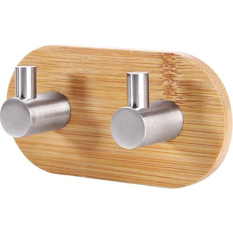 Gancho adhesivo, ganchos de pared para toallero de baño, cocina y dormitorio, gancho adhesivo de bambú y acero inoxidable. (1/4)