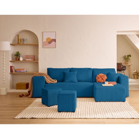 Topaze - 4-sitzer ecksofa beidseitig montierbar - schlaffunktion und bettkasten, tablet und poufs - aus cordstoff - blau