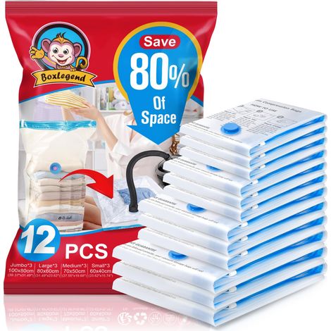 Pack de 12 Sacs de Rangement Sous Vide Vêtements avec Pompe Électrique USB 3XL, 3L, 3M, 3S Housses de Rangement Sous Vide Voyages Réutilisables pour Matelas, Couettes, Literie, Oreillers (1/5)