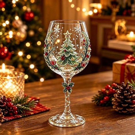 Verre à vin de Noël à motif en relief verres à pied décorés d'un sapin et de flocons de neige verrerie festive pour boissons - B (1/5)